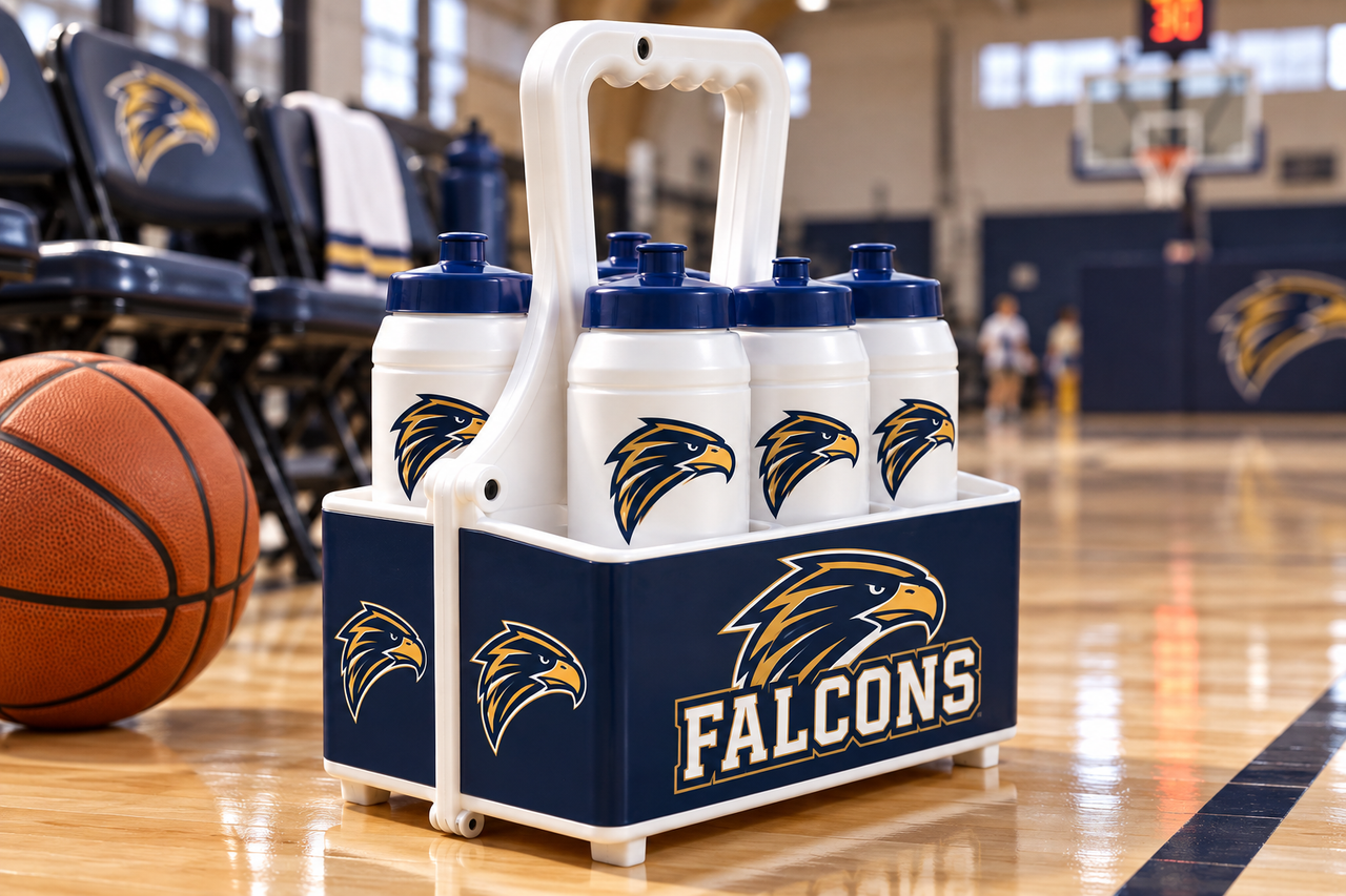 Illustrative Falcons carrier and custom bottles beside a basketball team bench, showing two matching end logos. Bottles sold separately.