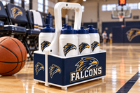 Thumbnail for Illustrative Falcons carrier and custom bottles beside a basketball team bench, showing two matching end logos. Bottles sold separately.