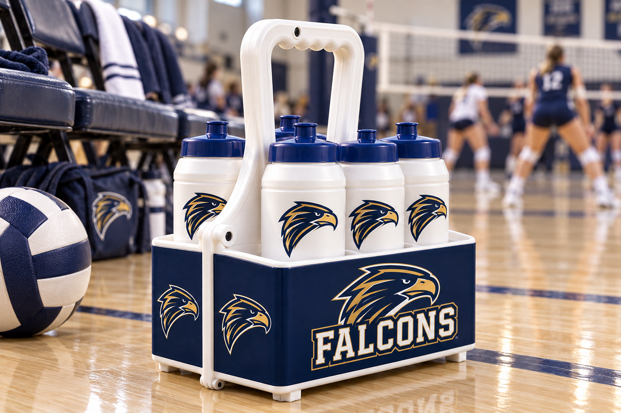 Illustrative Falcons carrier with matching custom bottles on a volleyball sideline, showing two matching end logos. Bottles sold separately.