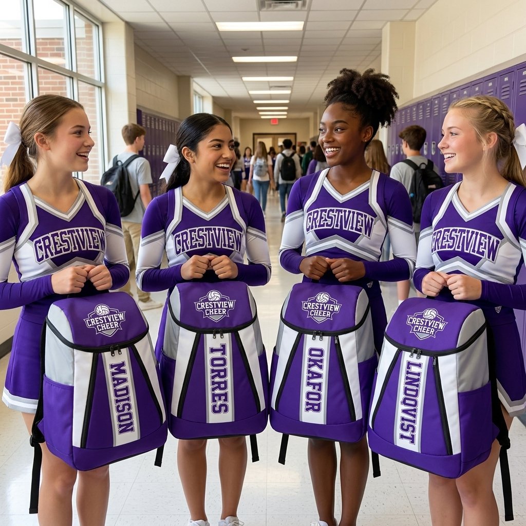 Cheerleaders in a school hallway holding purple custom cheer backpacks with their names