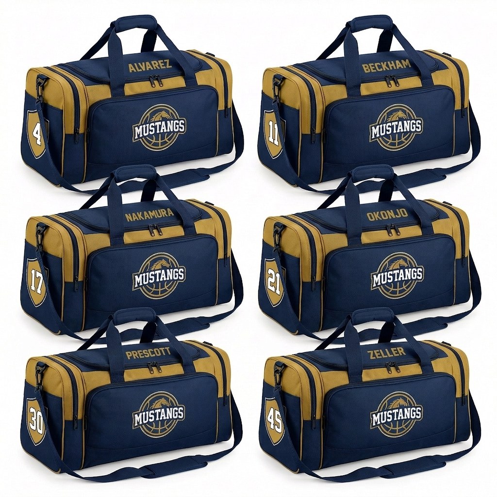 Six navy and gold Mustangs custom duffle bags, each with a different player name and number