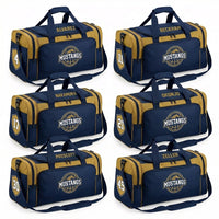 Thumbnail for Six navy and gold Mustangs custom duffle bags, each with a different player name and number