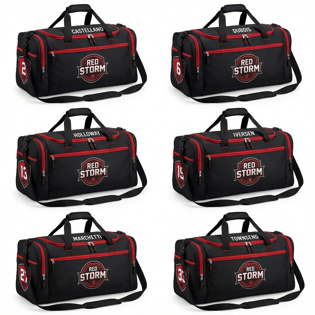 Six black and red Red Storm custom duffle bags, each with a different player name and number