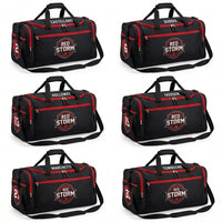 Thumbnail for Six black and red Red Storm custom duffle bags, each with a different player name and number