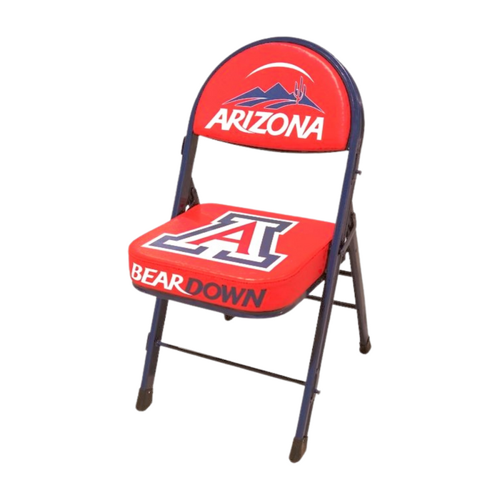 Red and blue folding chair with "Arizona" and "Bear Down" logos.