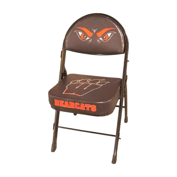 Black folding chair with "Bearcats" logo and angry orange eyes on the backrest.