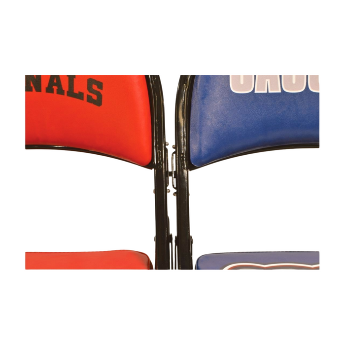 Two custom-branded event chairs, one red with "CARDINALS" and one blue with "OKLAHOMA", connected side-by-side.