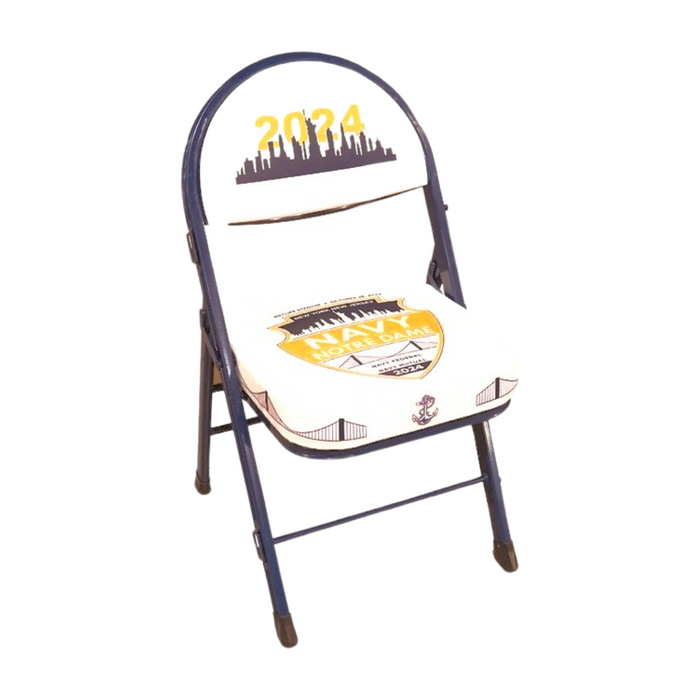Navy blue folding chair with "2024" and "NAVY NOTRE DAME" logos on white seat and backrest.