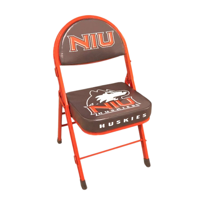 Red folding chair with brown seat and back, NIU Huskies logo and text.