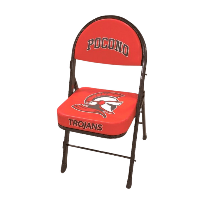 Red folding chair with "POCONO" on the backrest and "TROJANS" with a Spartan helmet logo on the seat.