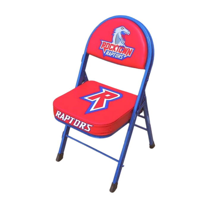 Red and blue folding chair with "Rocktown Raptors" logo on back and "R" on seat.