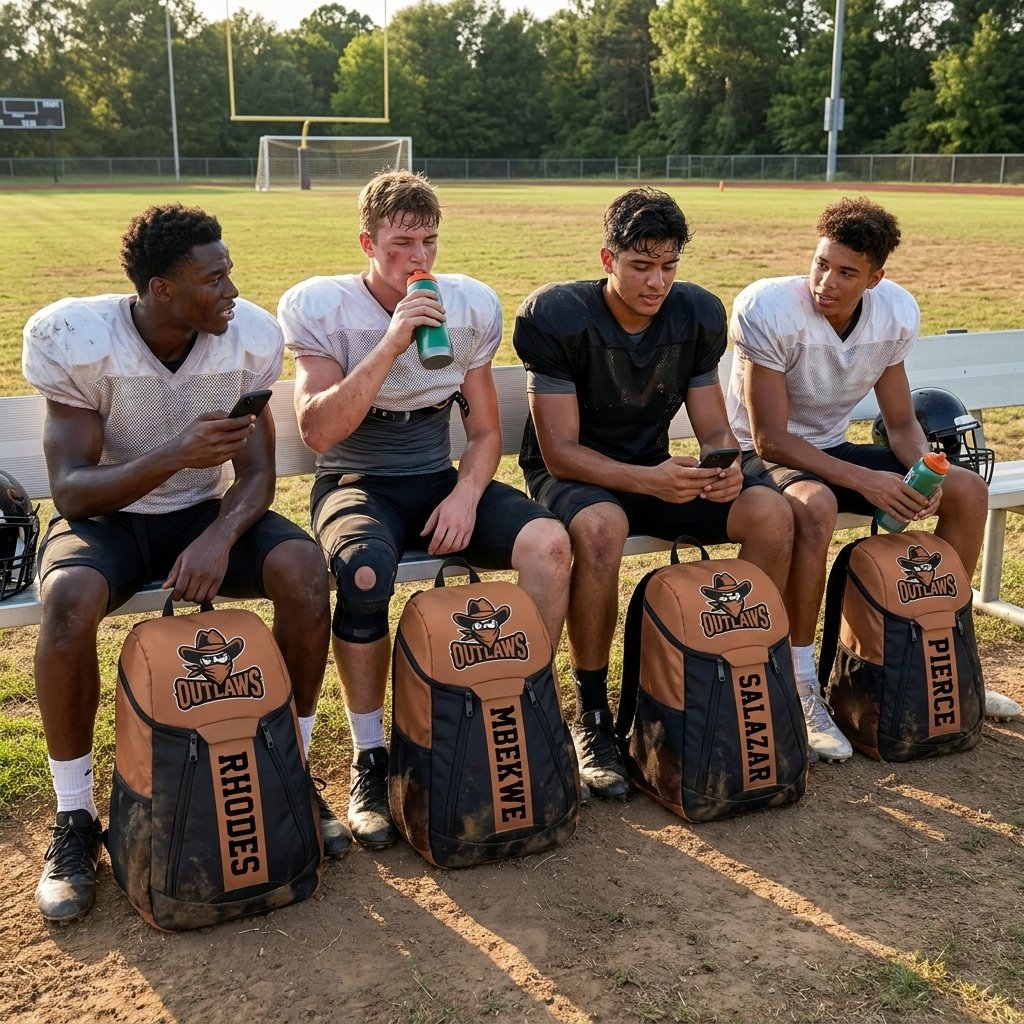 High school football players on the sideline with matching custom sublimated team backpacks and player names