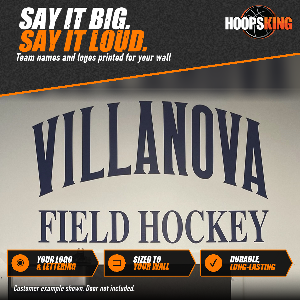 Navy Villanova Field Hockey vinyl lettering on a white wall above a locker room door