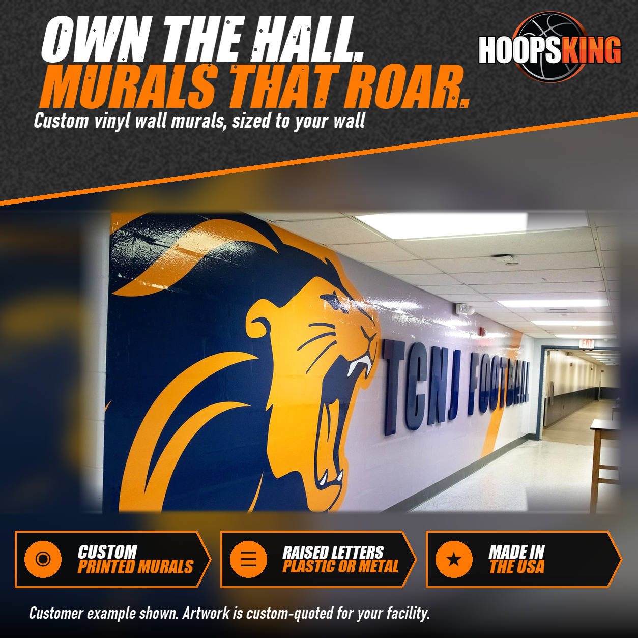 Large navy and gold roaring lion vinyl wall mural with dimensional TCNJ Football letters along a school hallway