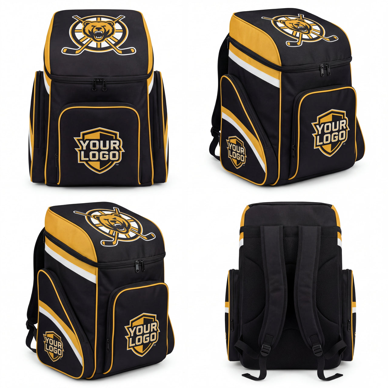 Black and gold hockey equipment backpack with "Your Logo" placeholder, shown from multiple angles.
