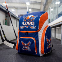 Thumbnail for Blue, orange, and white hockey equipment backpack with 