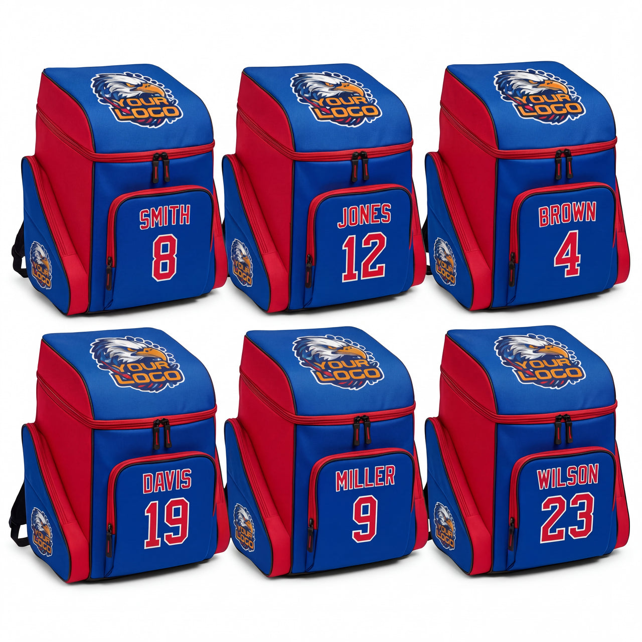 Six blue and red hockey equipment backpacks with "YOUR LOGO" eagle design, names, and numbers.