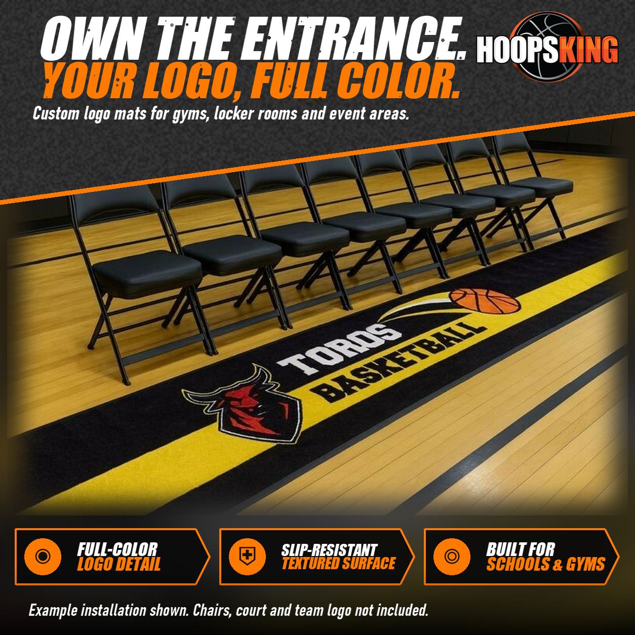 Black and yellow logo mat reading TOROS BASKETBALL with a red bull mascot beside a row of black folding chairs on a gym floor