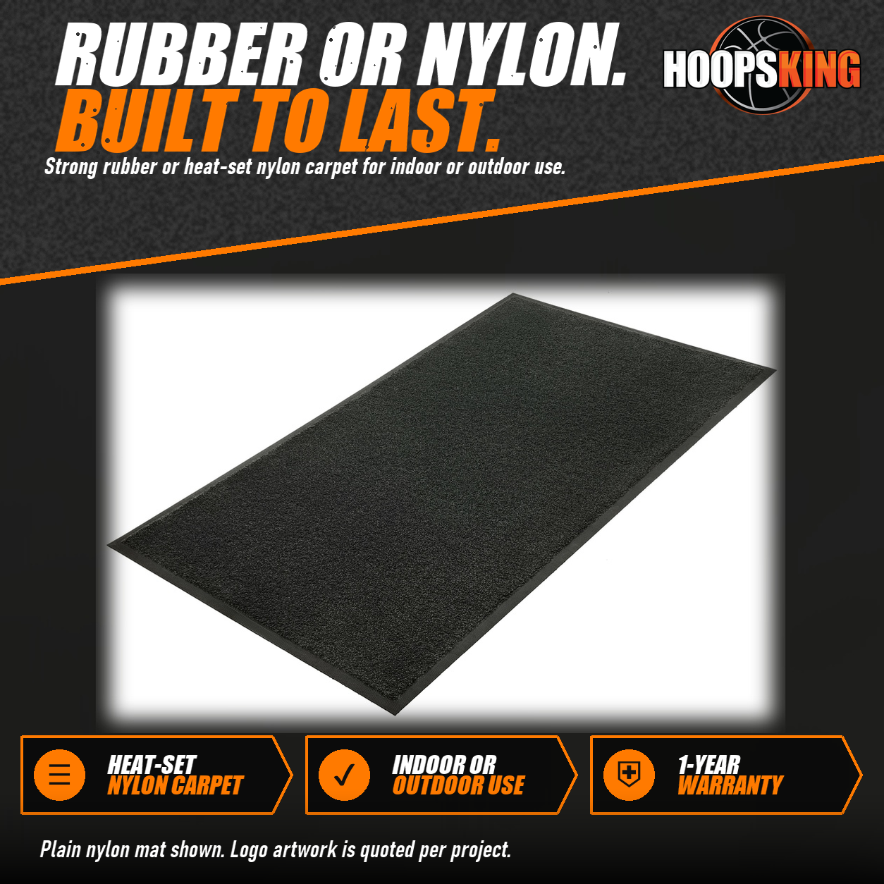 Plain charcoal nylon carpet door mat with a black rubber border on a white background