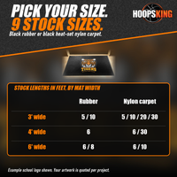 Thumbnail for Black rubber door mat printed with an orange tiger head and TIGERS Dawson High School logo on a tile entryway, above a size chart