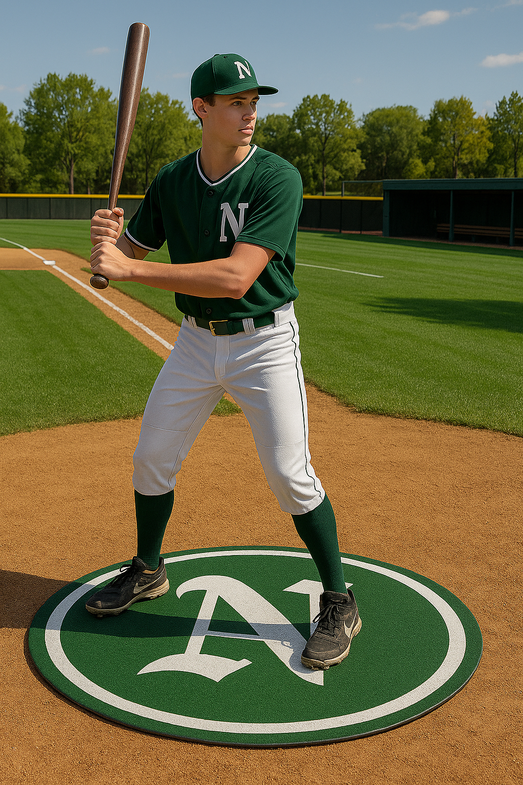 Baseball player in uniform standing on a green custom on-deck circle with a white "A" logo.