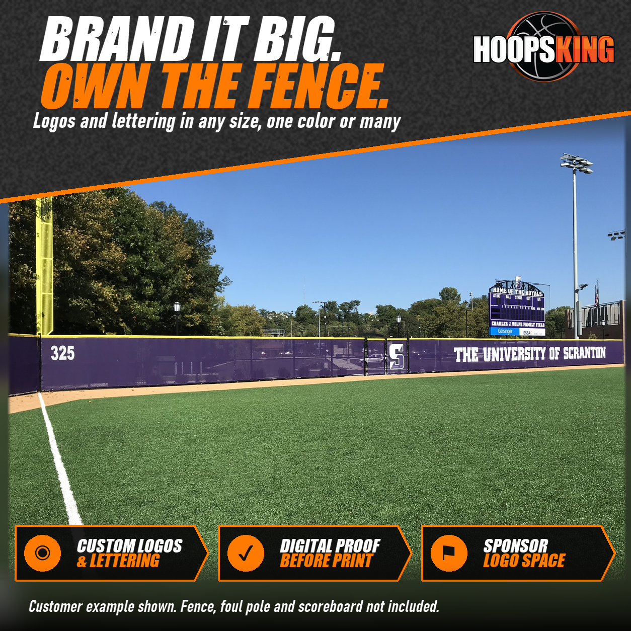 Purple printed windscreen with white 325 and The University of Scranton lettering along a baseball outfield fence