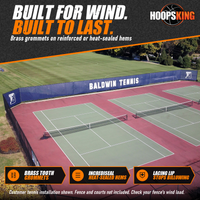 Thumbnail for Aerial view of tennis courts with a navy windscreen printed with white Baldwin Tennis lettering and B logos on the fence