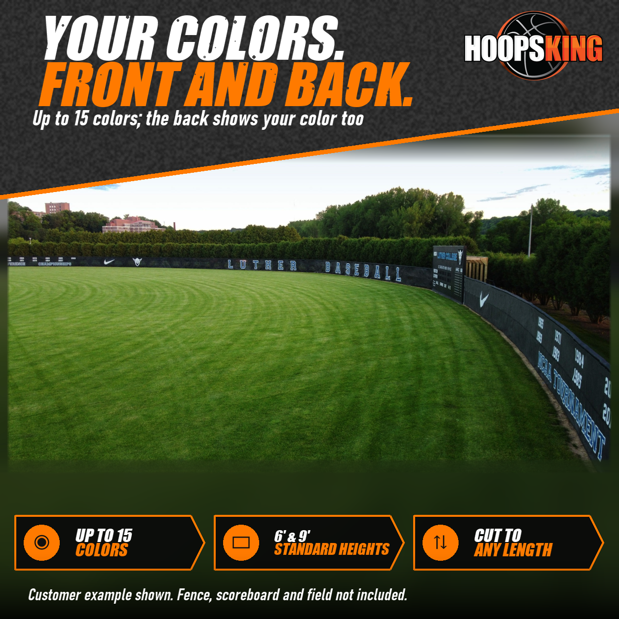 Black printed outfield windscreen with Luther Baseball lettering, Nike logos and NCAA tournament years curving around a baseball outfield