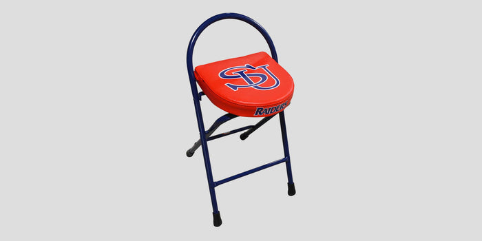 Red folding stool with blue frame and "SJ Raiders" logo on the seat.