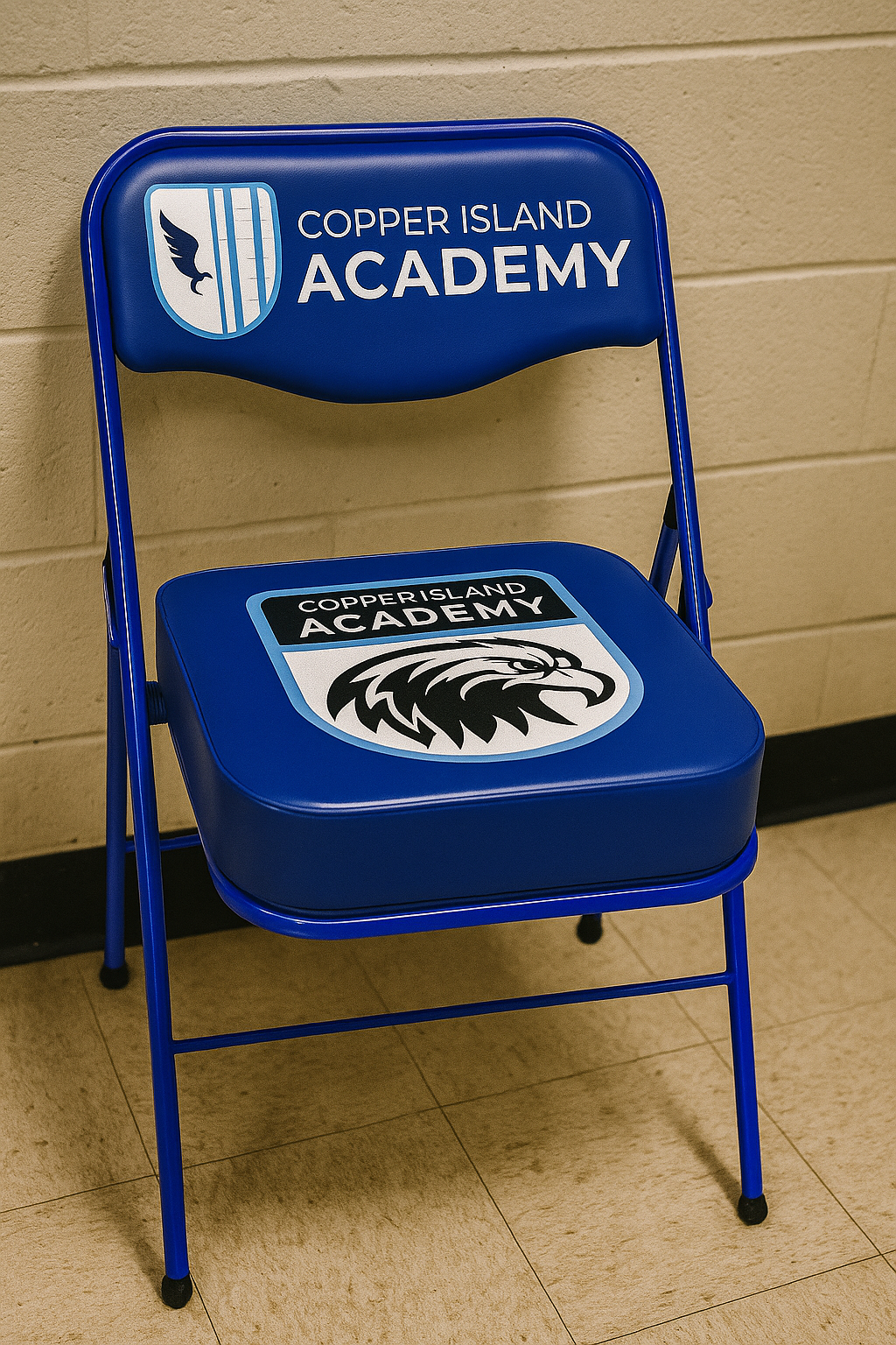 Blue folding chair with 'Copper Island Academy' logo on a tiled floor.