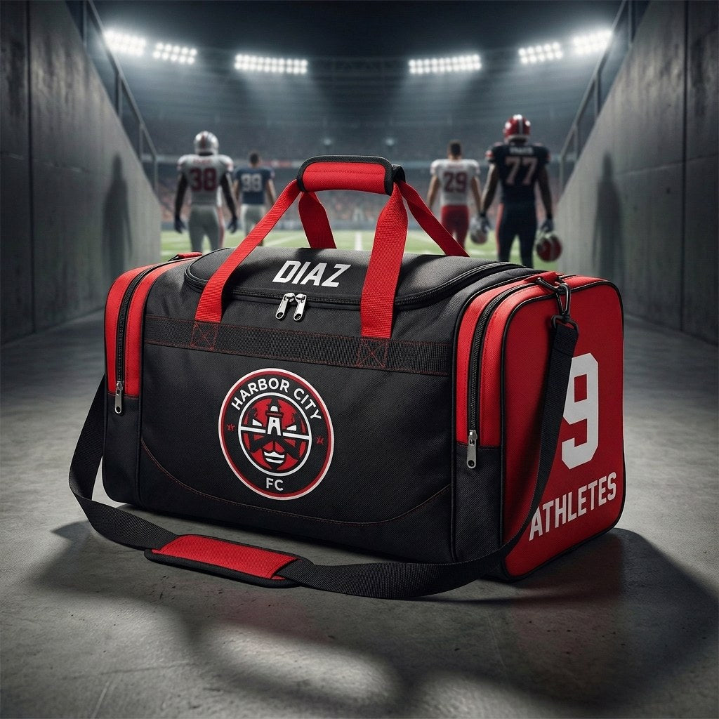 Black and red custom soccer duffle bag with a Harbor City FC crest, name Diaz and number 9