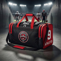 Thumbnail for Black and red custom soccer duffle bag with a Harbor City FC crest, name Diaz and number 9