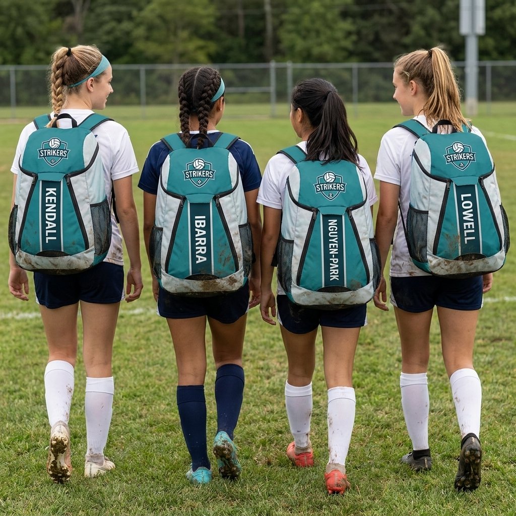 Girls soccer team walking off the field wearing teal custom sports backpacks with their names