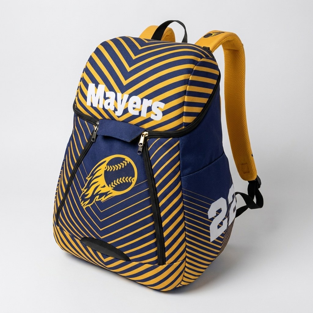 Custom softball team backpack in navy and gold stripes with a flaming softball logo, the name Mayers and number 22