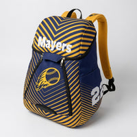 Thumbnail for Custom softball team backpack in navy and gold stripes with a flaming softball logo, the name Mayers and number 22