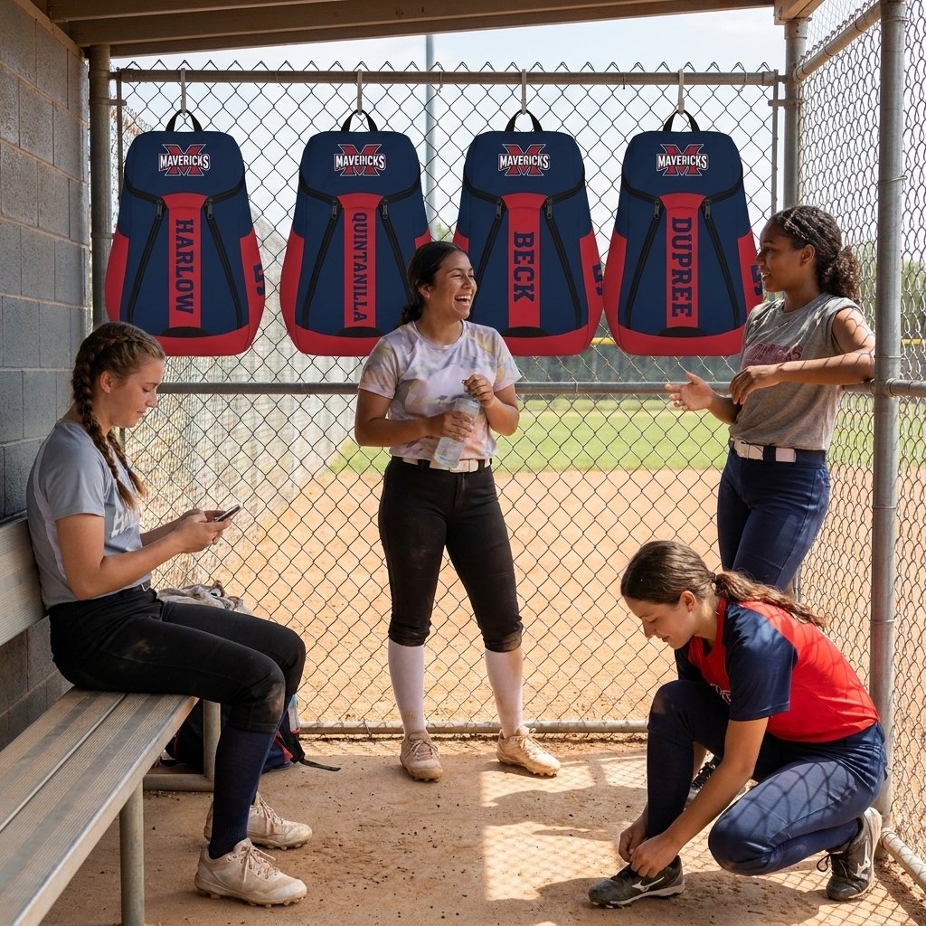 Softball team backpacks hanging in the dugout, each personalized with a player name