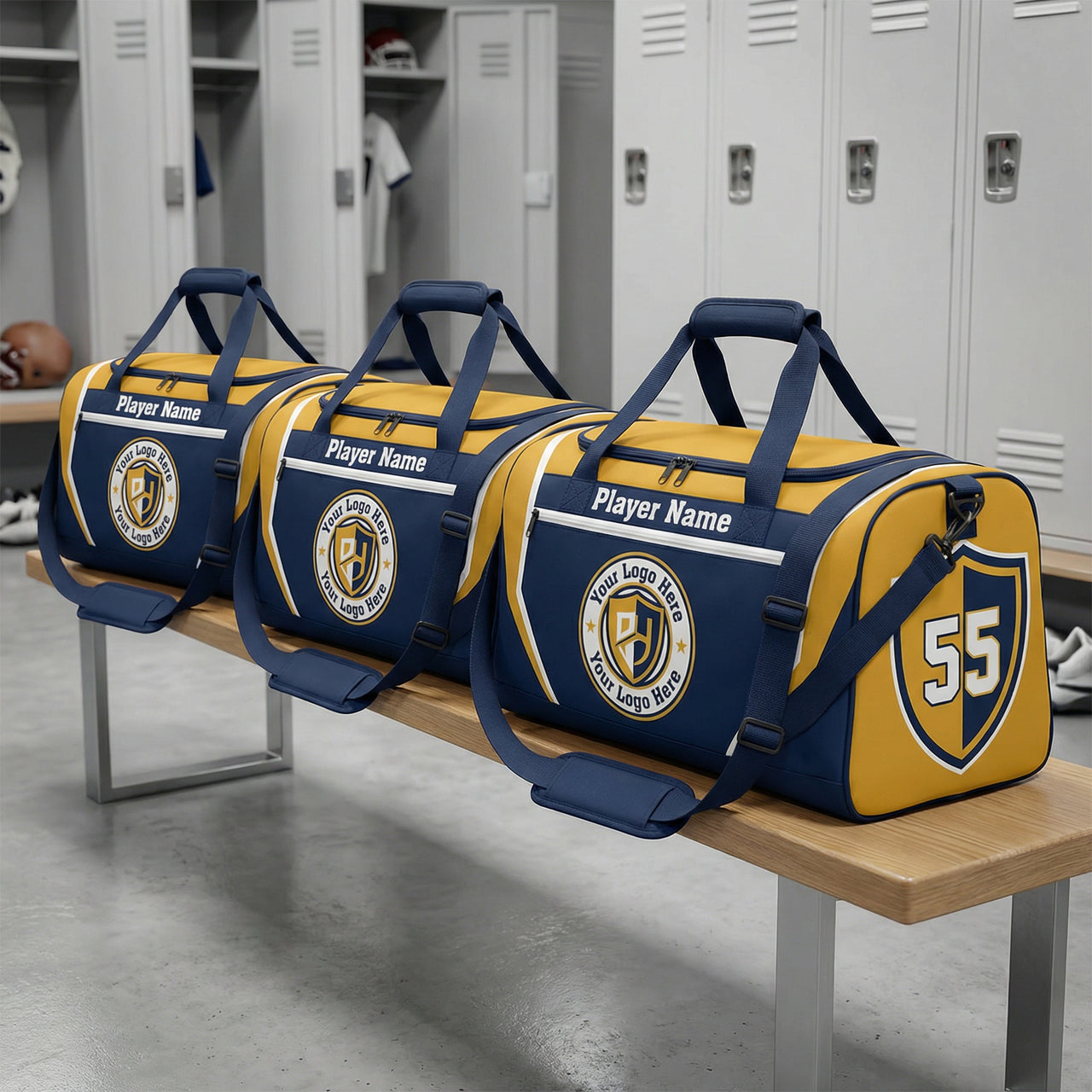 Three blue and yellow duffle bags with "Player Name" and a logo, on a bench in a locker room.