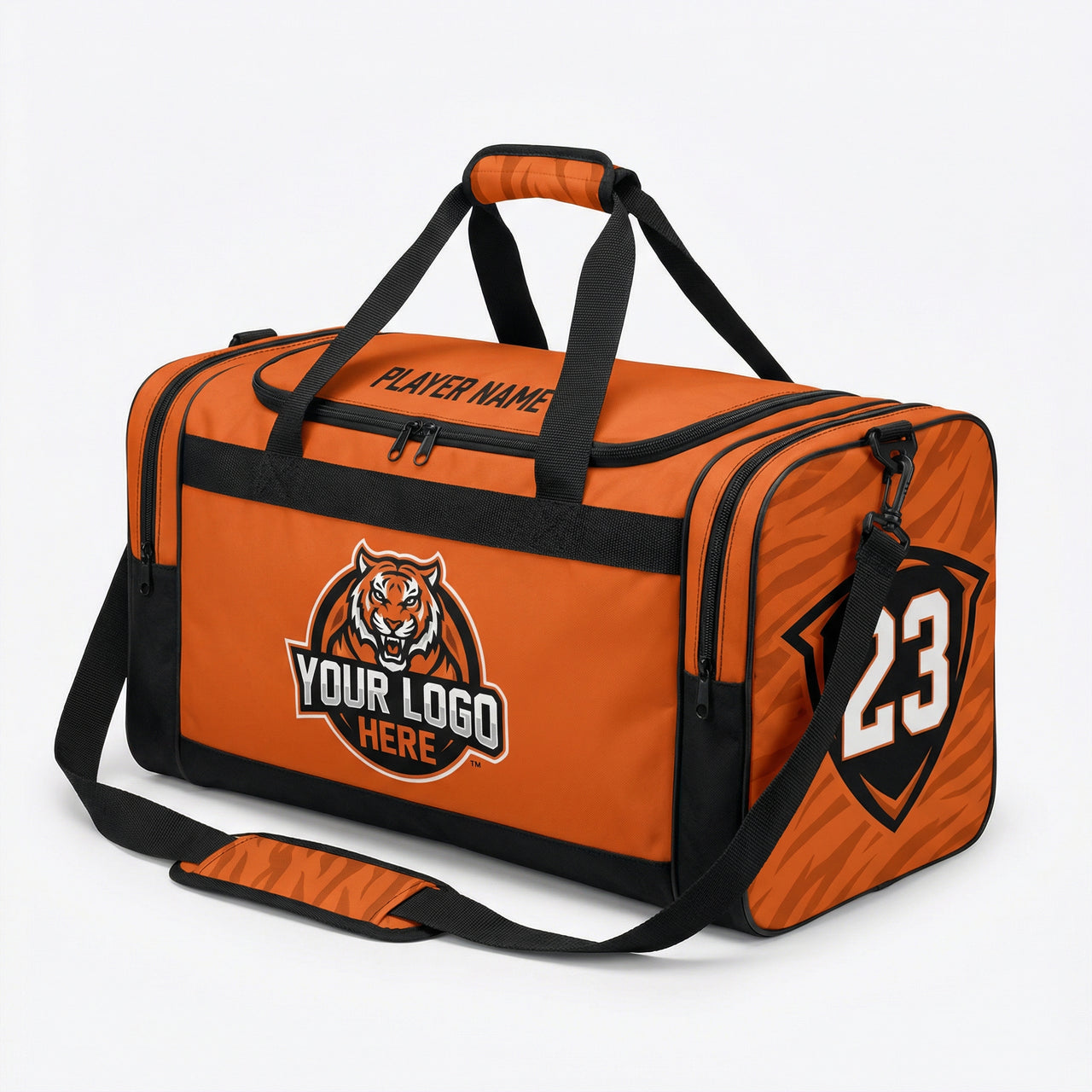Orange and black duffle bag with "YOUR LOGO HERE" tiger emblem, "PLAYER NAME", and number "23".