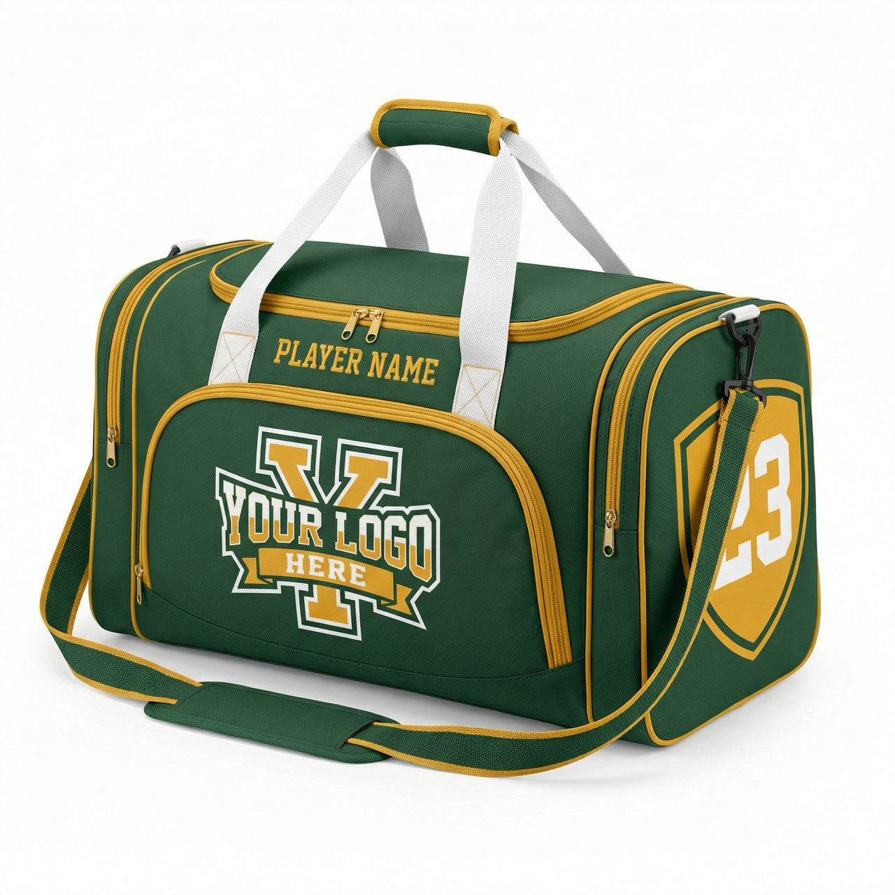 Green duffle bag with yellow trim, "YOUR LOGO HERE" text, "PLAYER NAME" text, and "23" on the side.