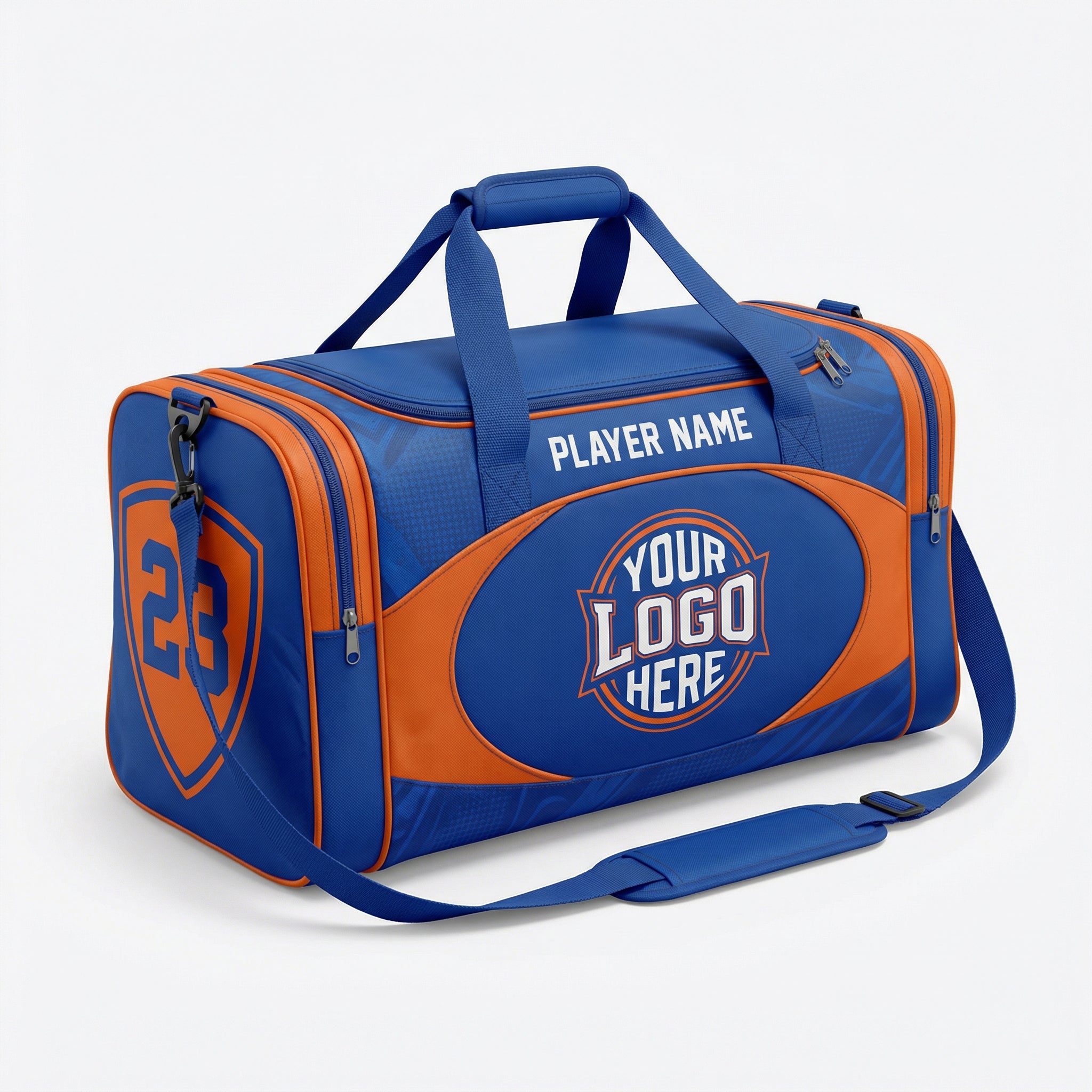Blue and orange duffle bag with 