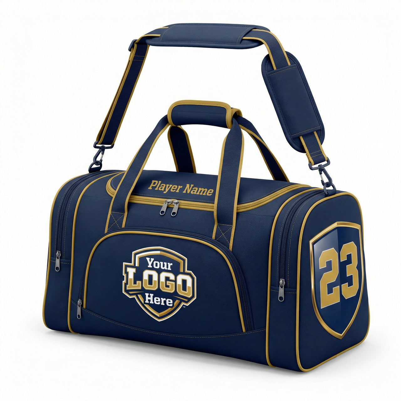 Navy duffle bag with gold trim, "Your Logo Here" shield, "Player Name" text, and "23" shield.