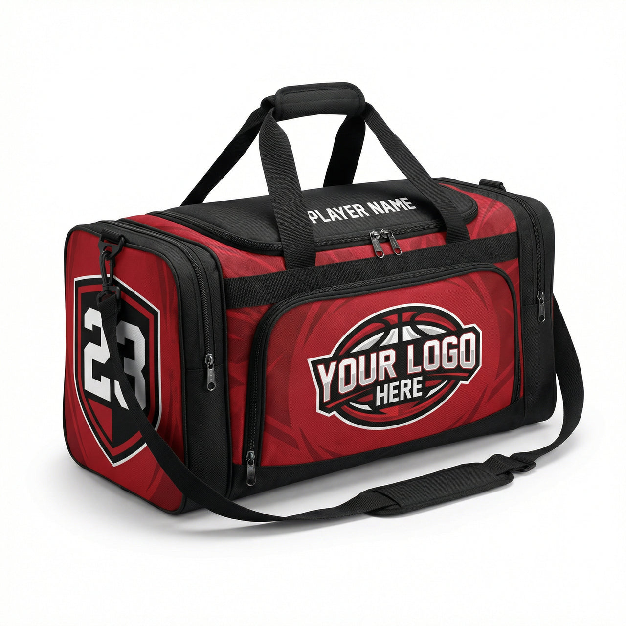 Red and black duffle bag with "PLAYER NAME", "YOUR LOGO HERE", and "23" on shield graphic.