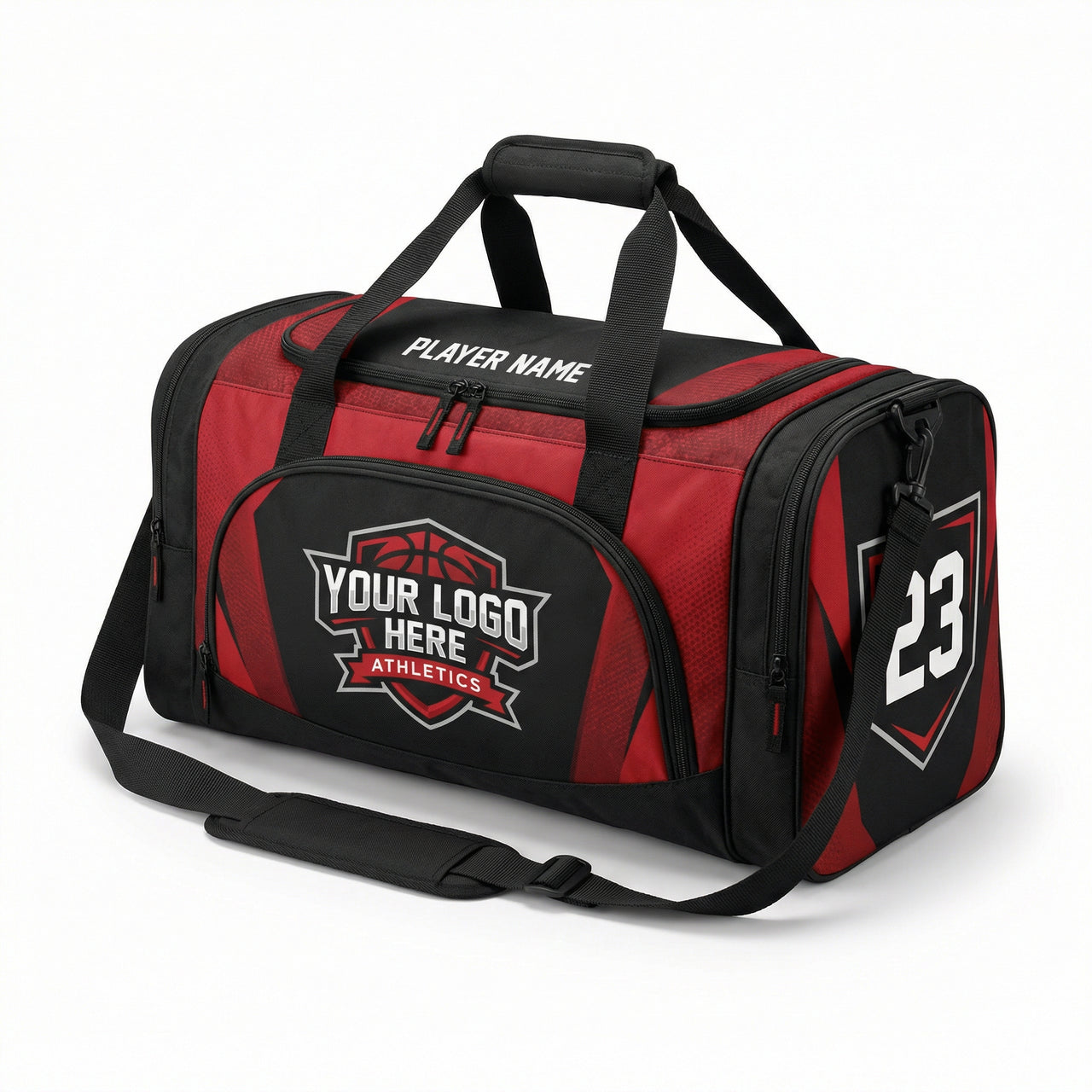 Red and black duffle bag with "YOUR LOGO HERE ATHLETICS" and "23" on the side.