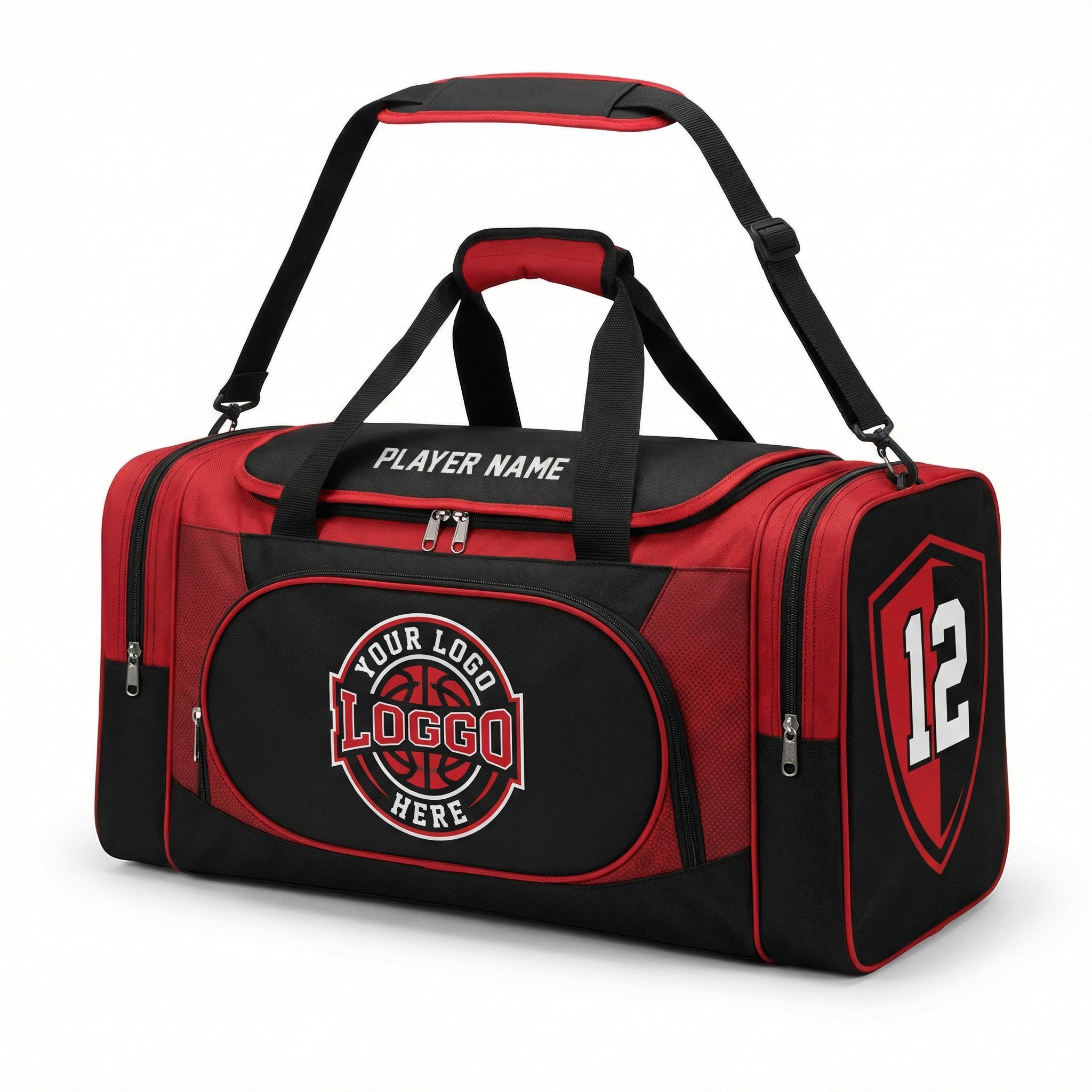 Red and black duffle bag with 