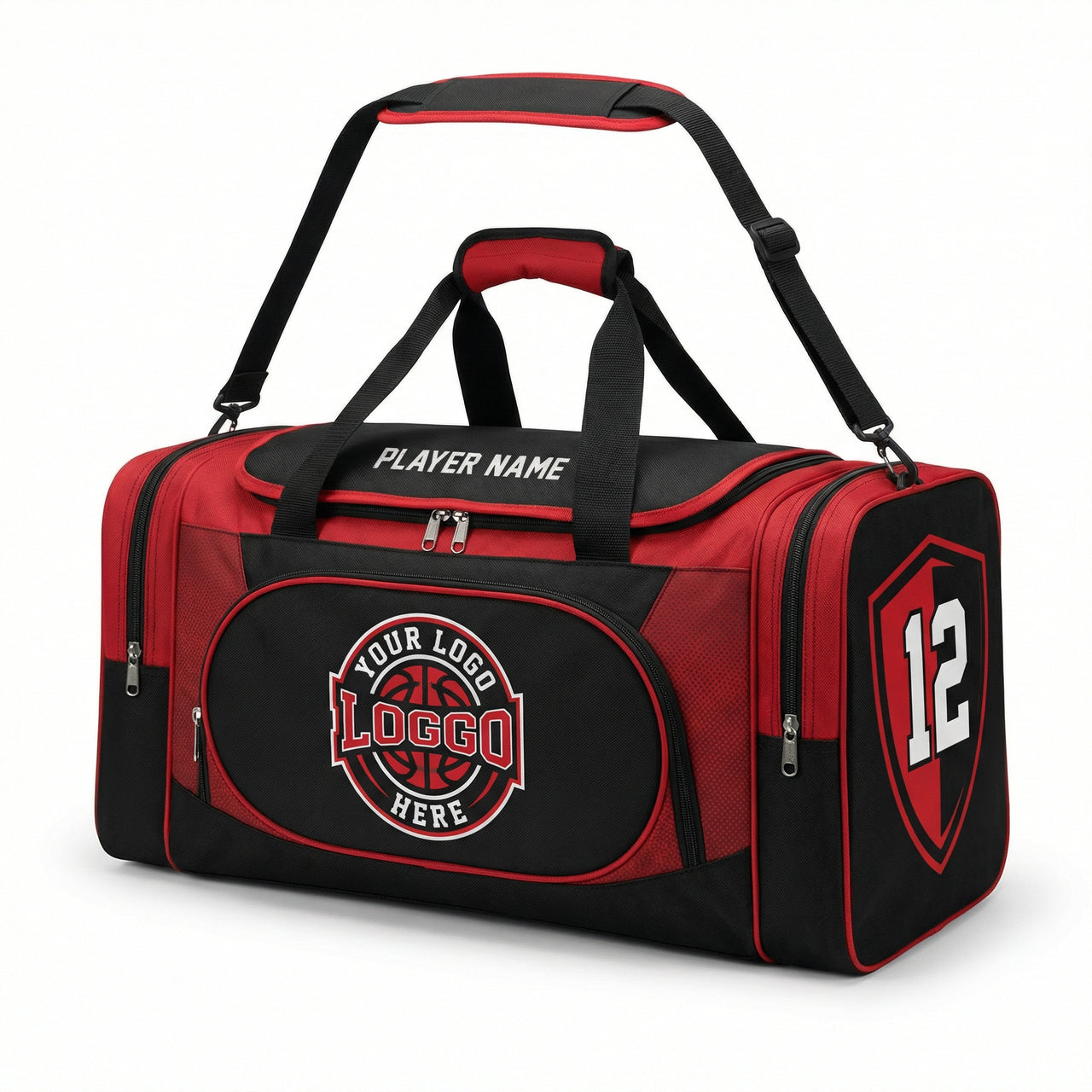 Red and black duffle bag with "PLAYER NAME", "YOUR LOGO HERE", and "12" on it.