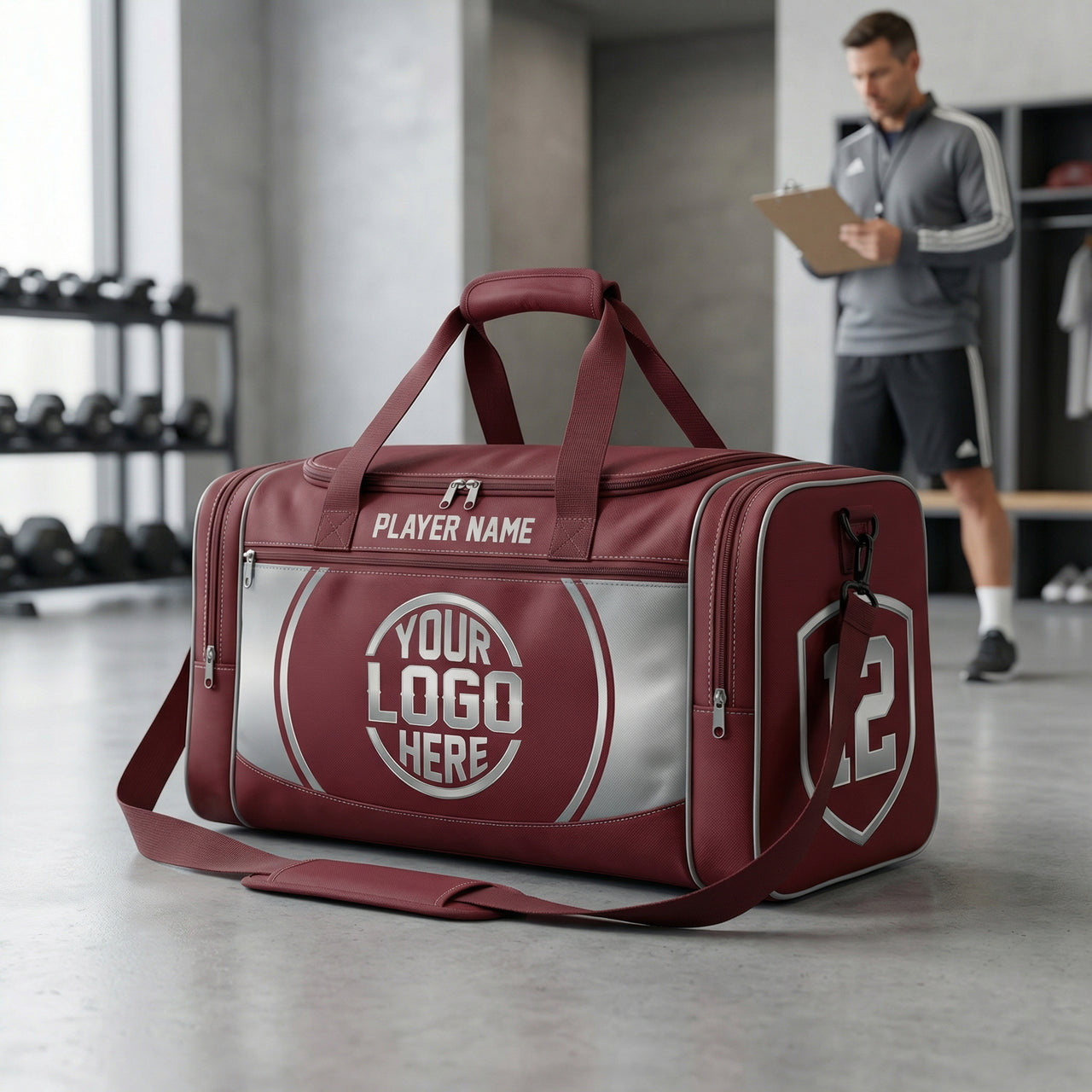 Maroon duffle bag with "YOUR LOGO HERE" and "PLAYER NAME" text, in a gym with a man in background.