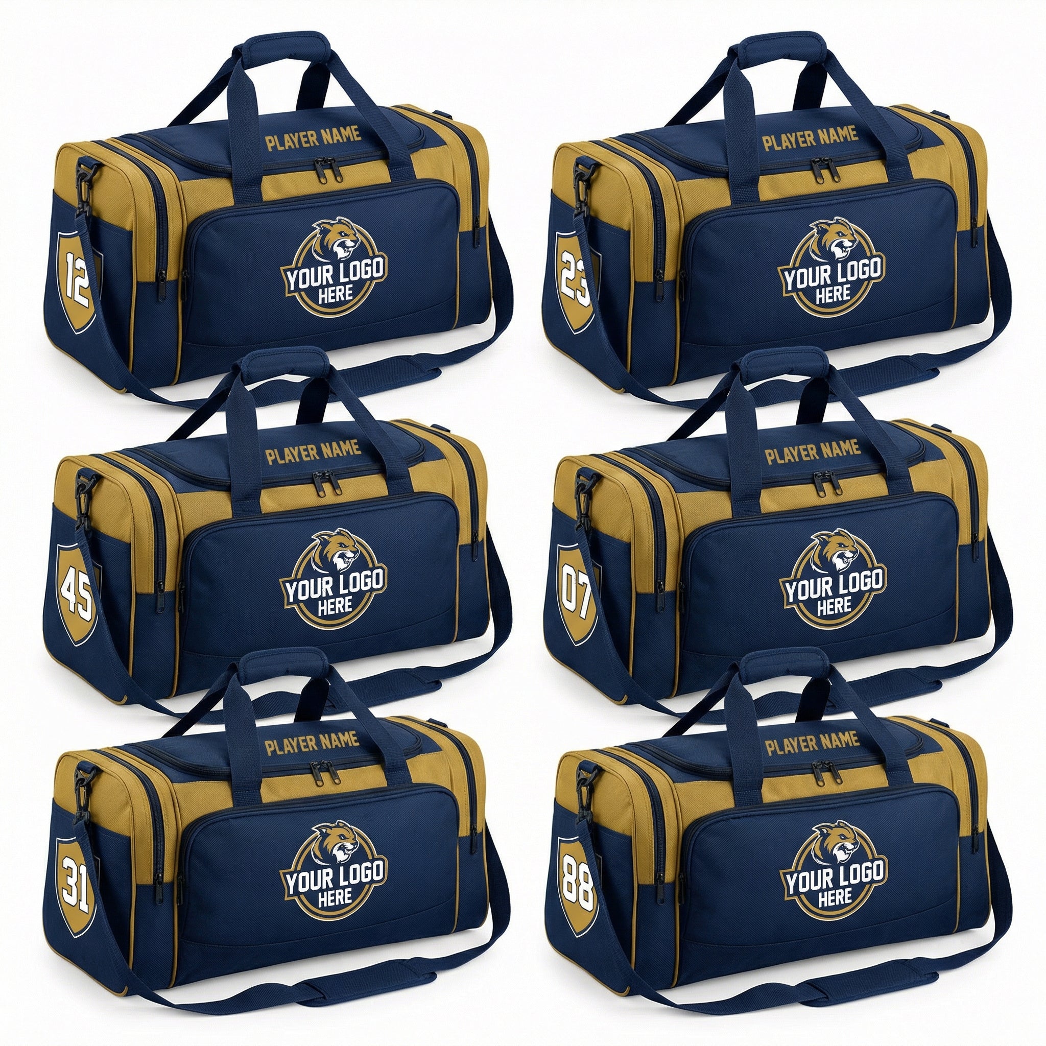 Six navy and gold duffle bags with customizable logos, player names, and numbers.