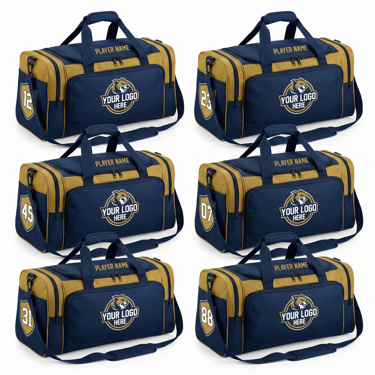 Six navy and gold duffle bags with customizable logos, player names, and numbers.