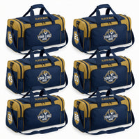 Thumbnail for Six navy and gold duffle bags with customizable logos, player names, and numbers.