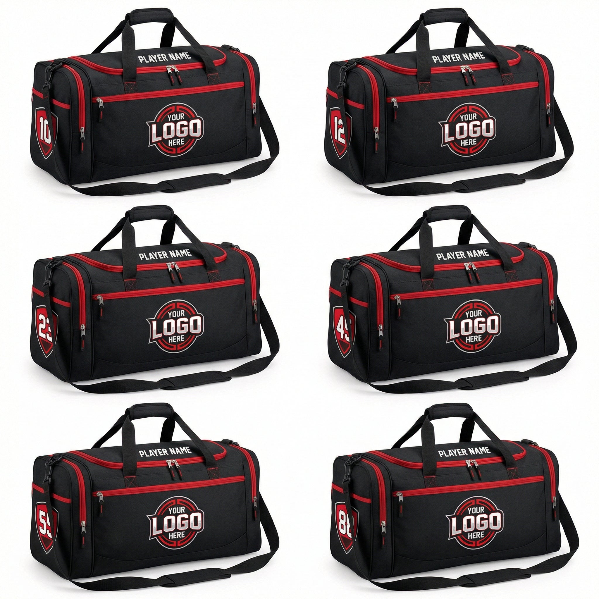 Six black duffle bags with red trim, customizable logos, player names, and numbers.